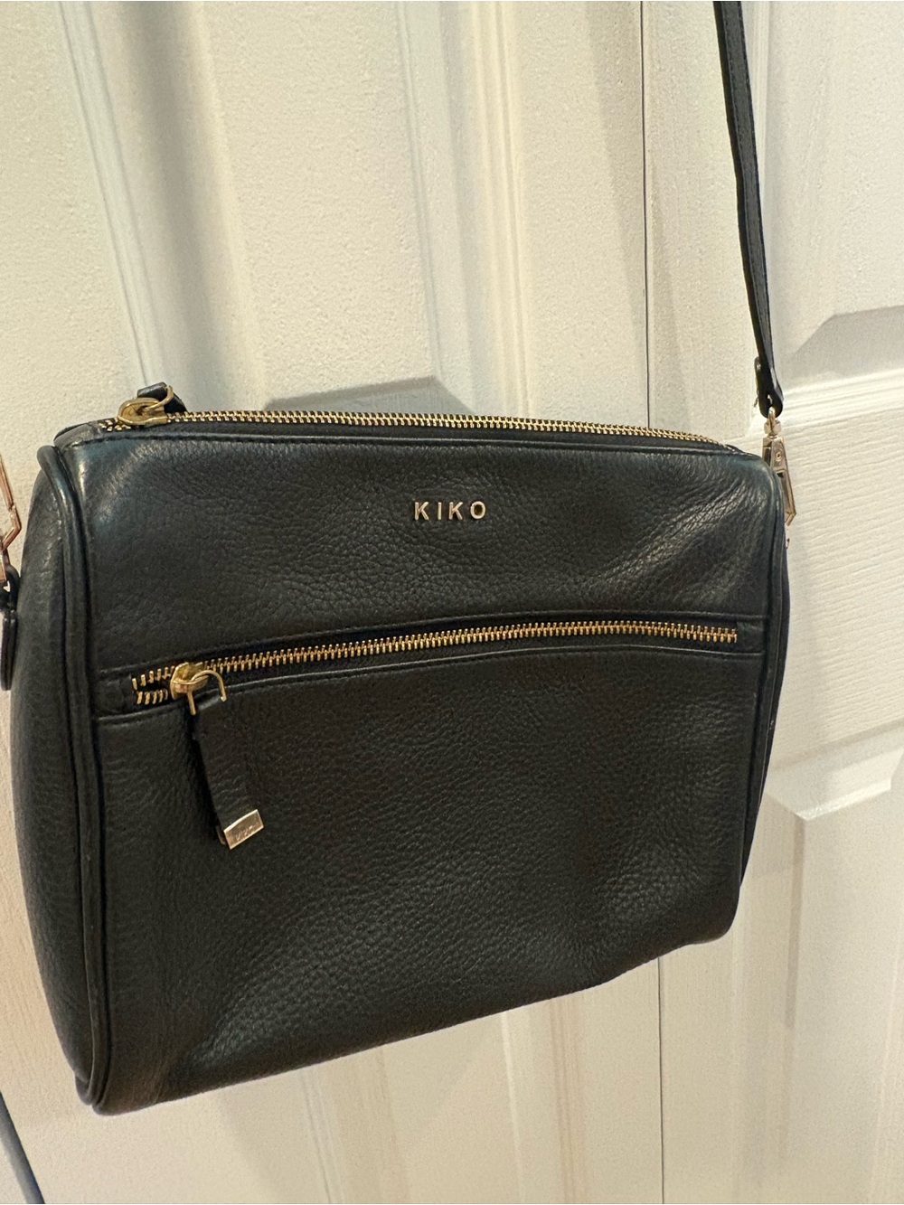 Kiko Black Pebbled Real Leather Shoulder Bag with Gold Accents